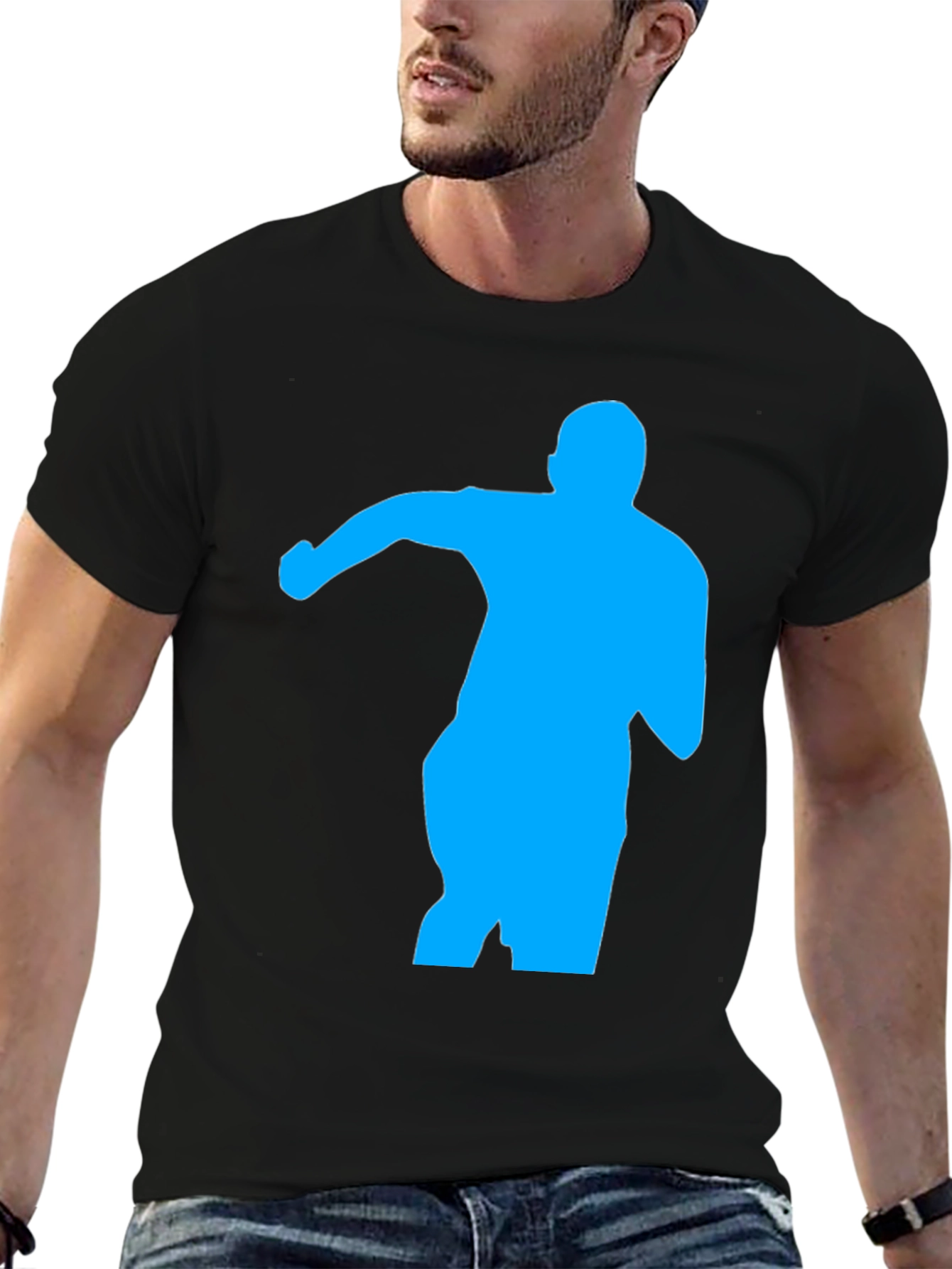 Black Men's Black T-Shirt with Blue Silhouette Graphic view 6