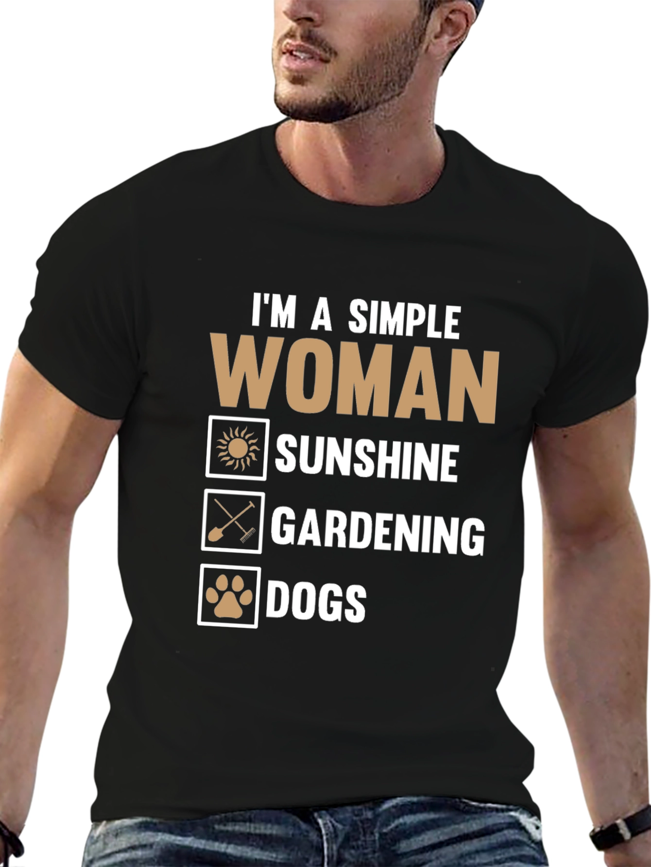 Black Simple Woman T-Shirt - Sunshine, Gardening, Dogs view 6