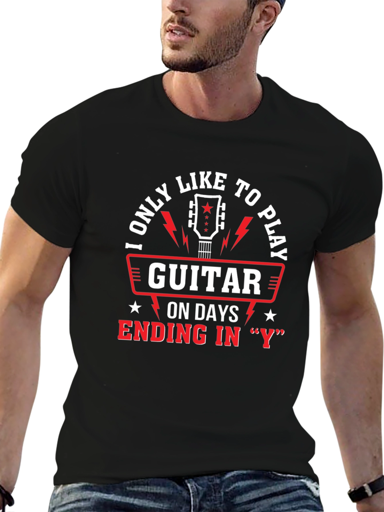 Black Guitar Player T-Shirt - Days Ending in "Y" view 6