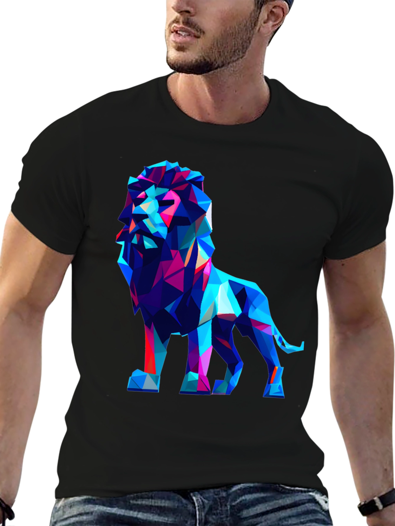 Black Geometric Lion Graphic Tee - Modern Art Shirt view 6