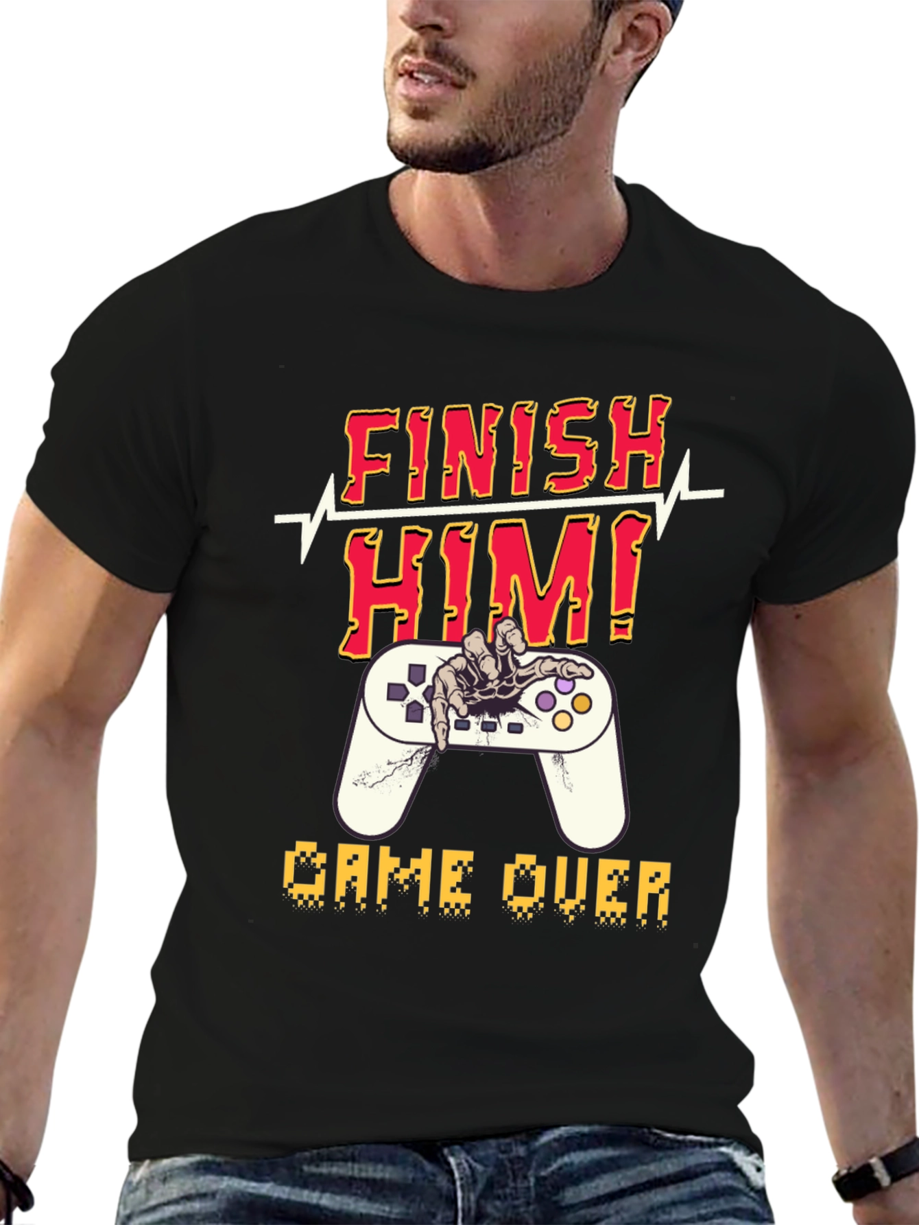 Black Finish Him! Game Over Graphic T-Shirt view 6