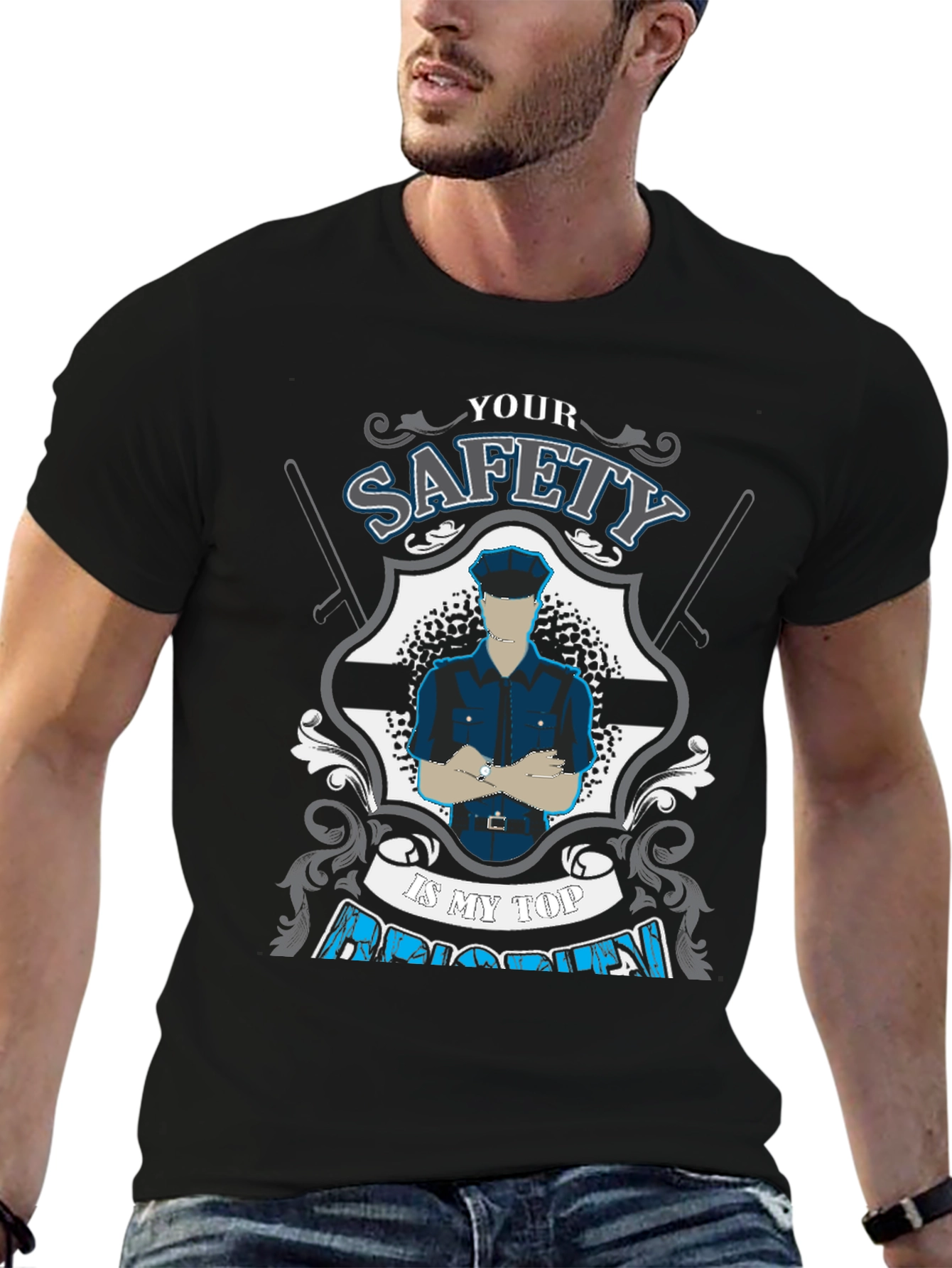 Black Safety First Police Graphic Tee - Black Cotton T-Shirt view 6
