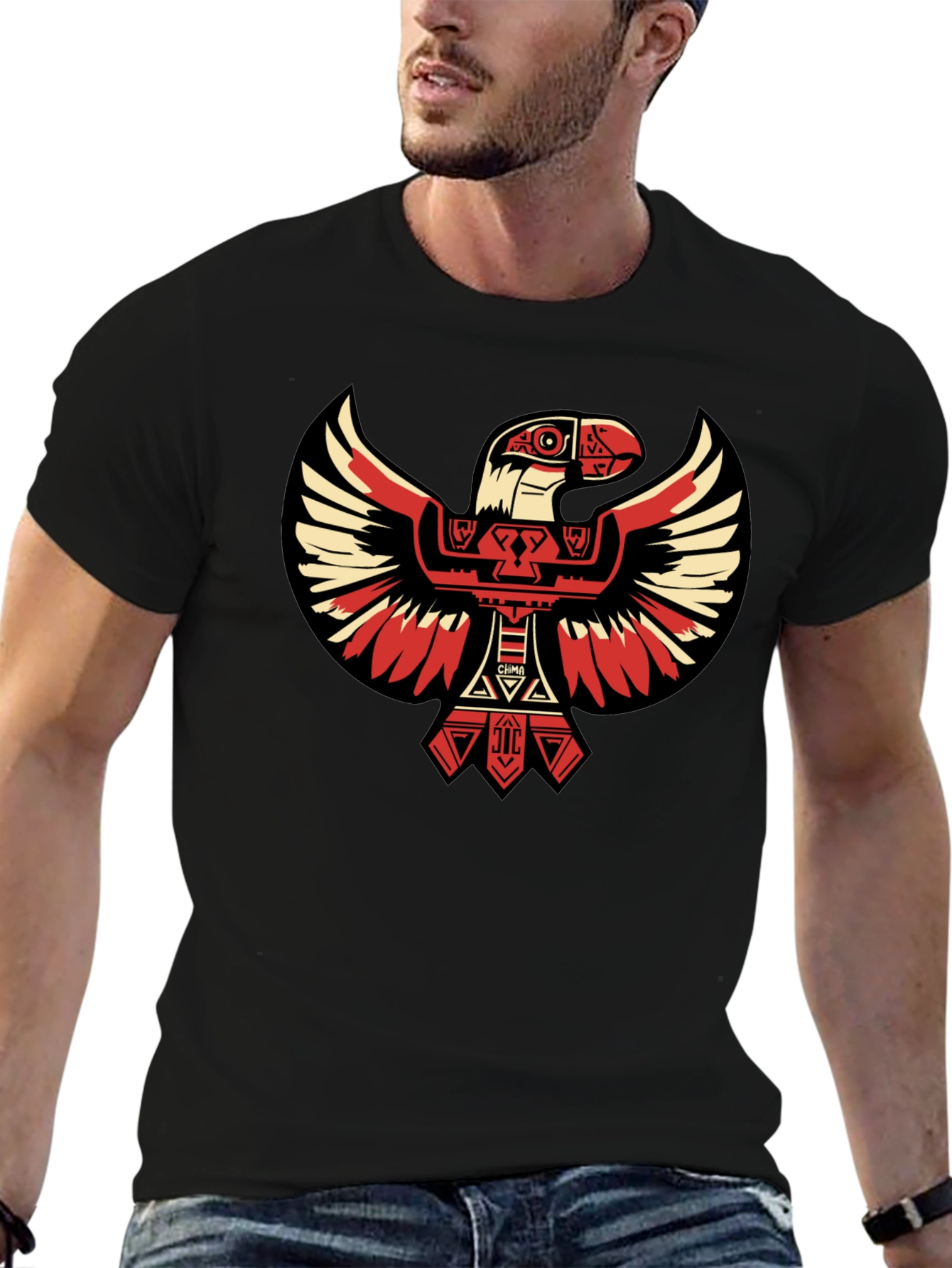 Black Aztec Eagle Graphic Tee - Black Cotton T-Shirt view 6