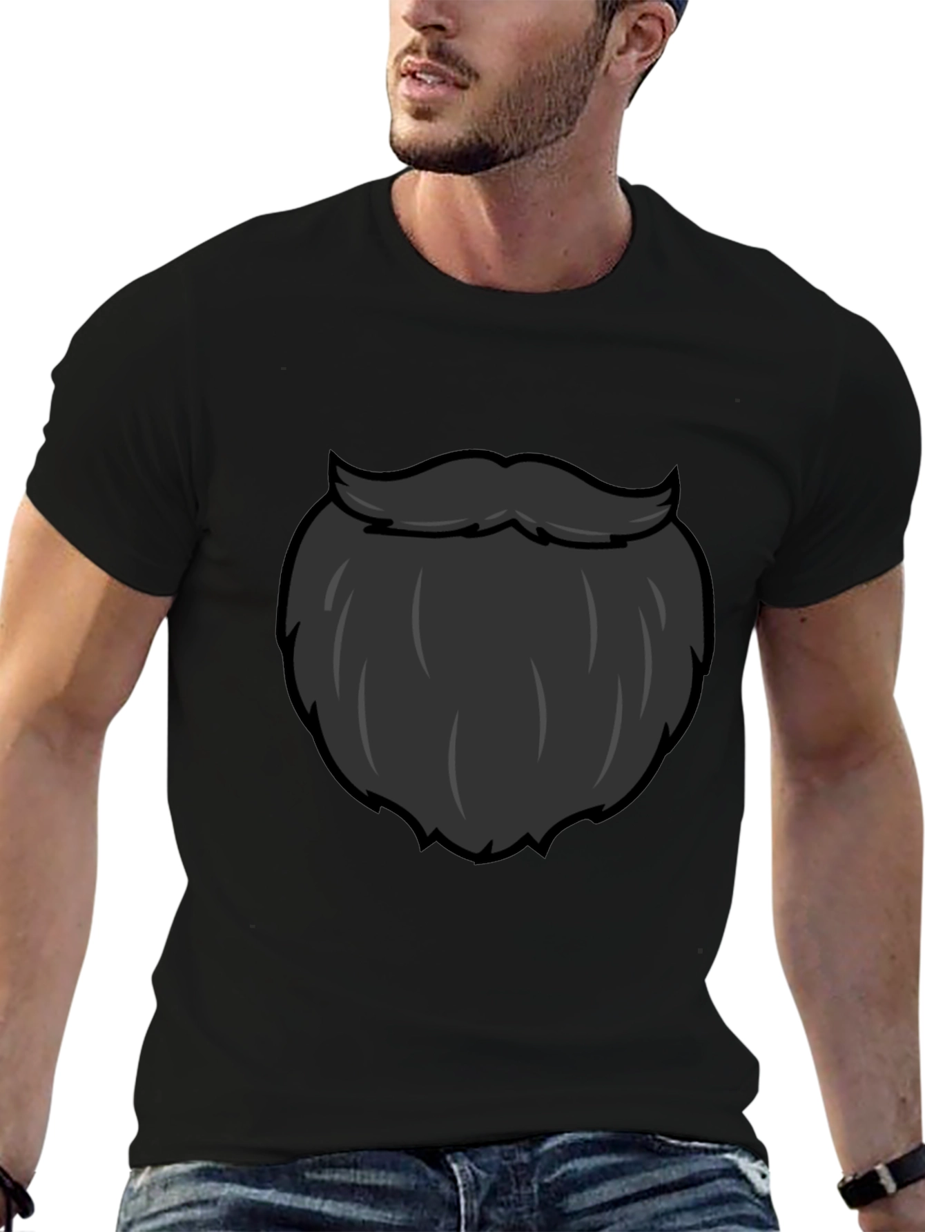 Black Funny Beard Graphic T-Shirt - Black Crew Neck Tee view 6