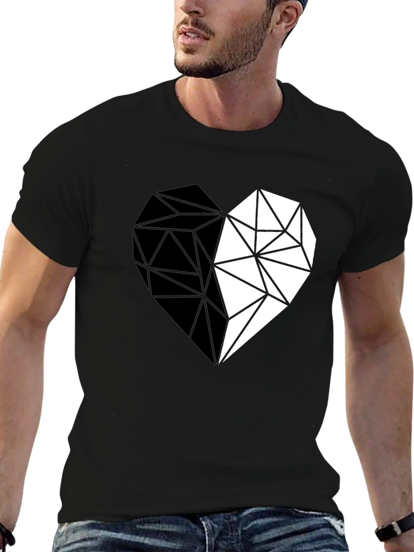 Black Geometric Heart Print Black Casual Tee view 6