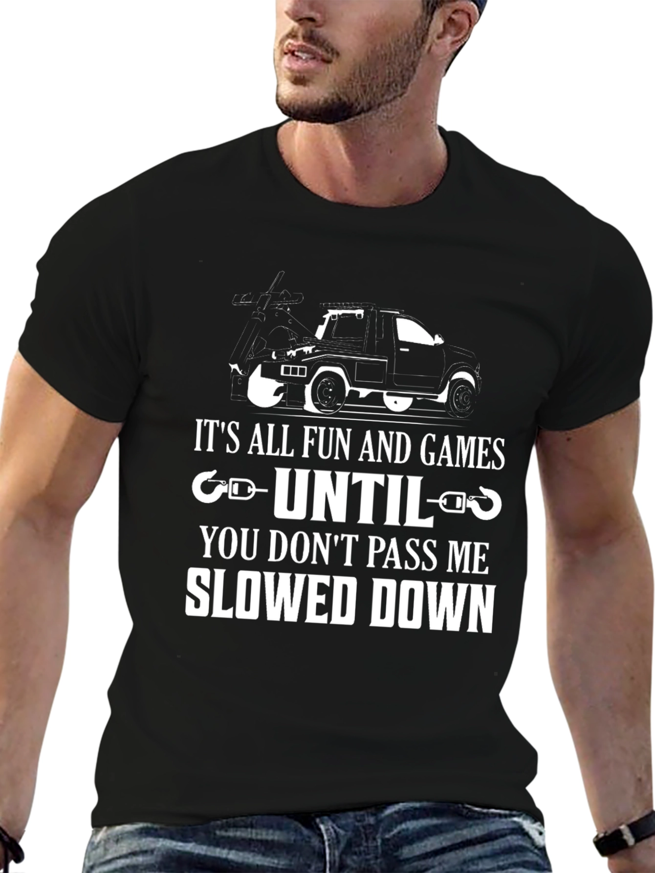 Black Funny Tow Truck Driver T-Shirt - Slowed Down view 6