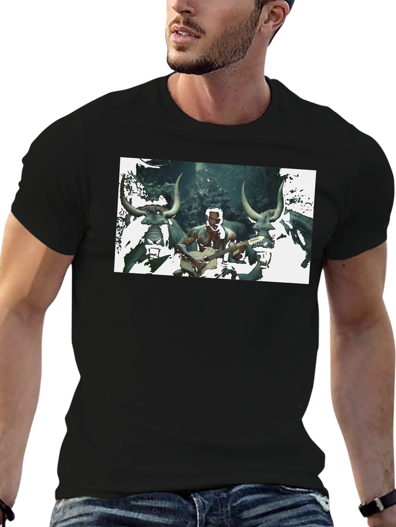 Black Men's Black T-Shirt with Unique Graphic Design view 6