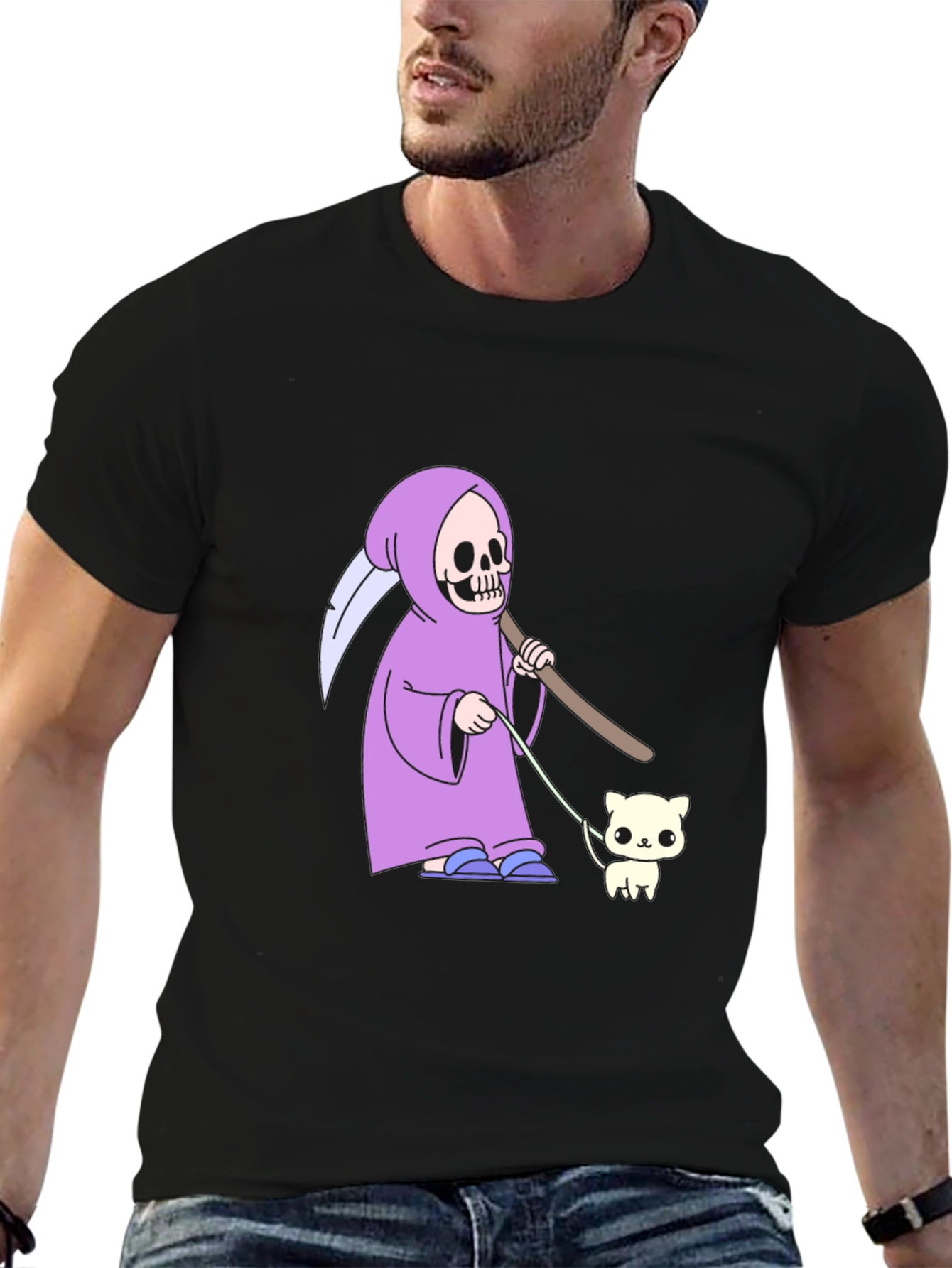 Black Grim Reaper Cat Walk T-Shirt - Funny Graphic Tee view 6