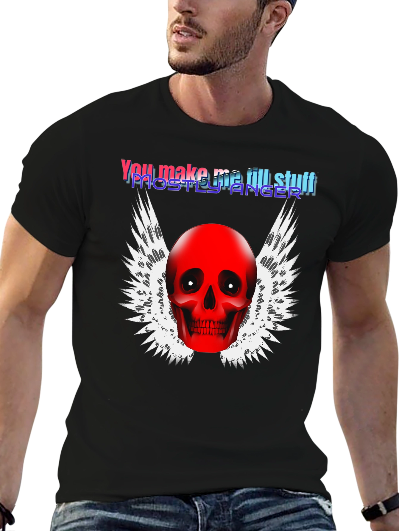 Black Edgy Skull Winged Graphic Print Black T-Shirt view 6