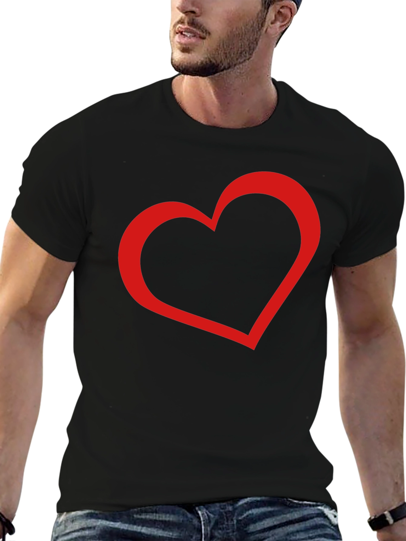 Black Men's Black Tee with Red Heart Graphic view 6