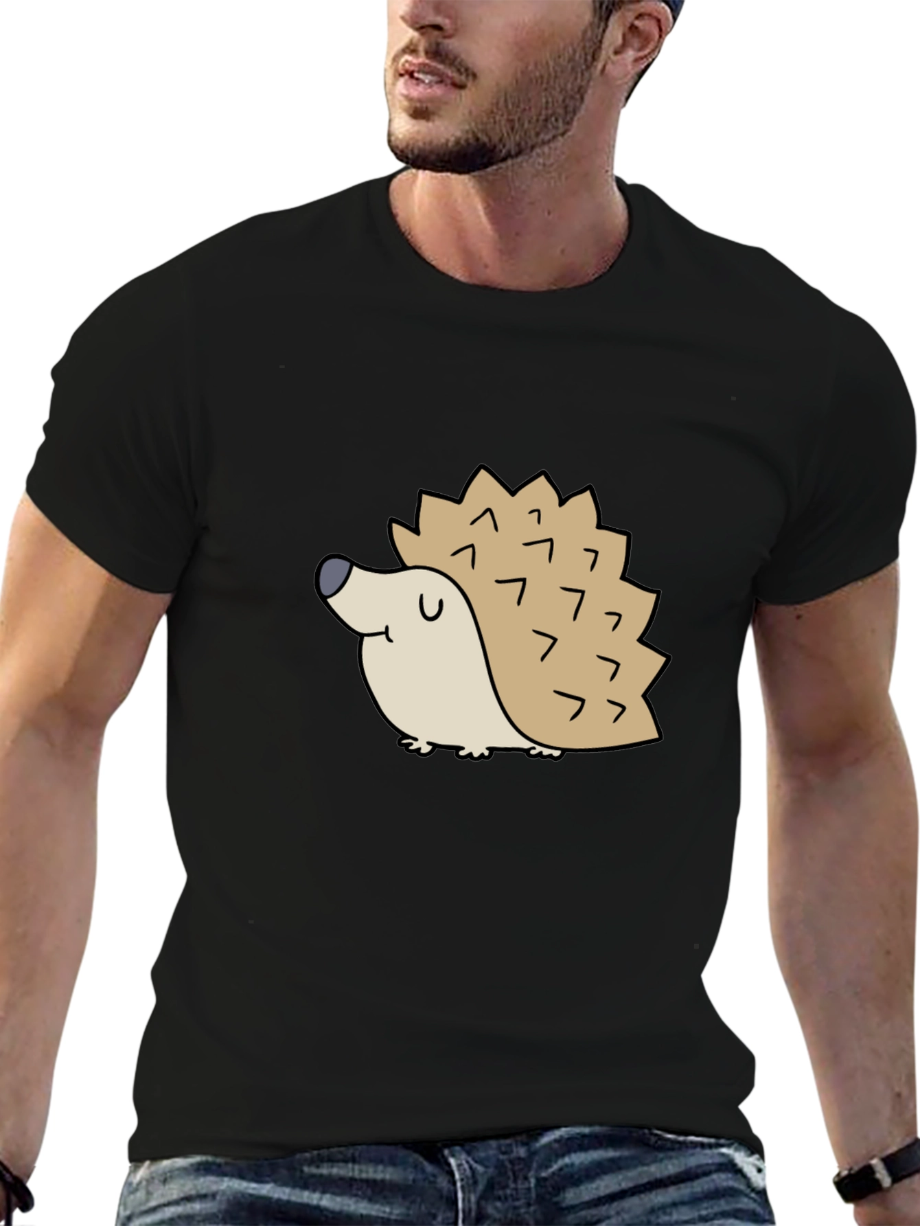 Black Cute Hedgehog Graphic Tee - Black Cotton T-Shirt view 6