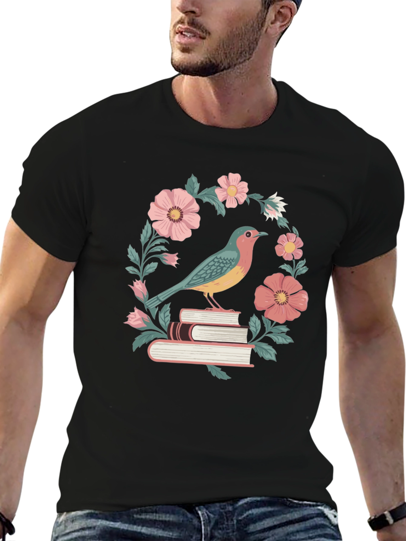 Black Bird on Books Floral T-Shirt view 6