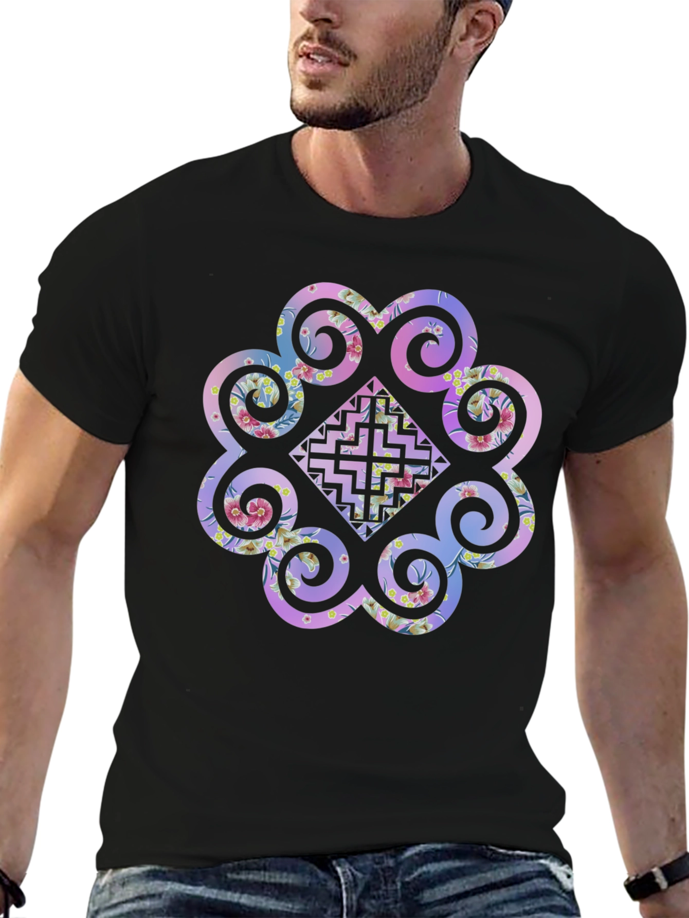 Black Floral Hmong Inspired Graphic Tee - Black Cotton Blend view 6