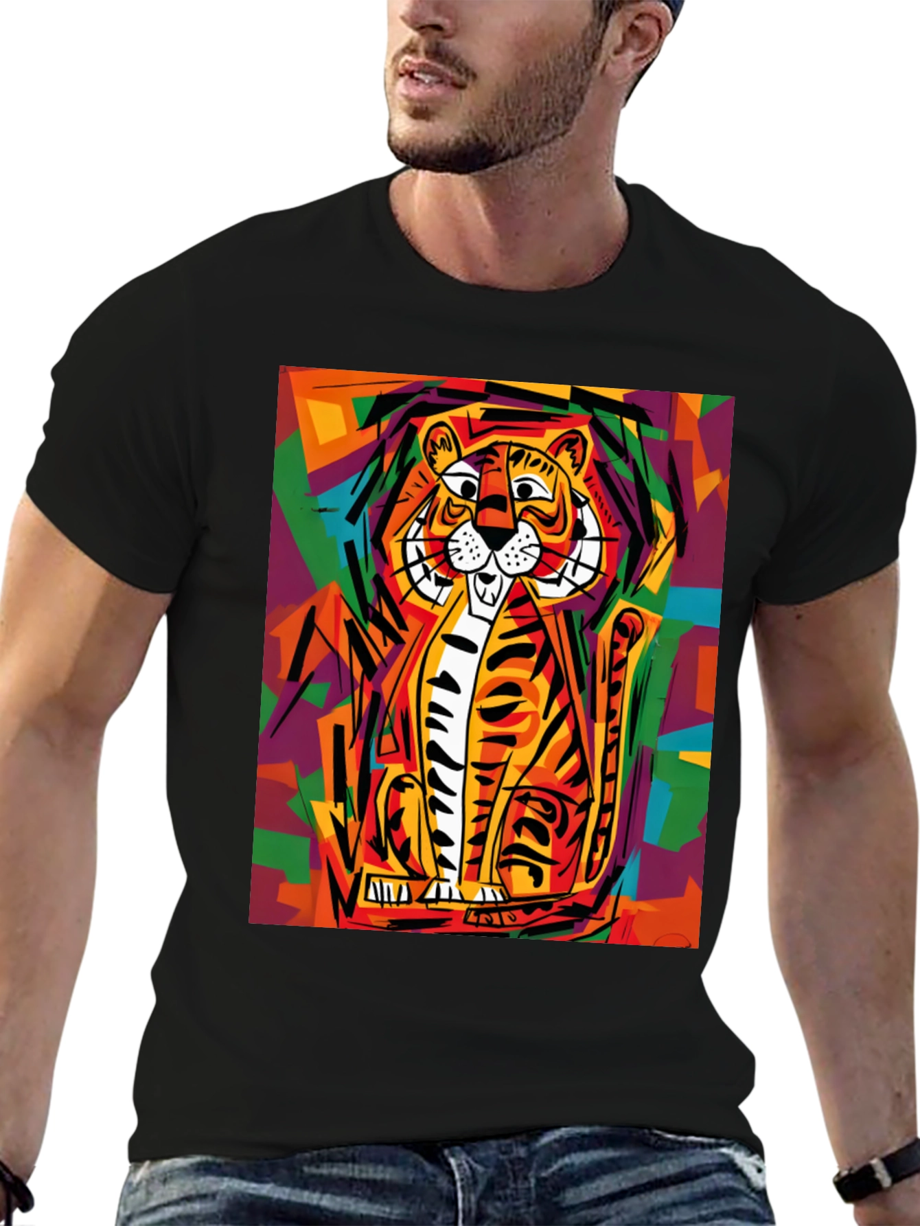 Black Abstract Tiger Graphic Tee - Soft Black Cotton view 6