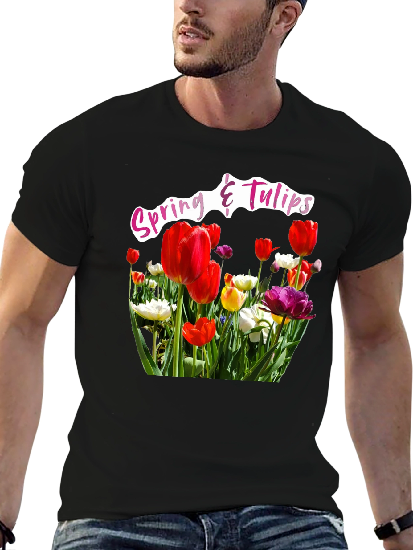 Black Spring & Tulips Black T-Shirt view 6