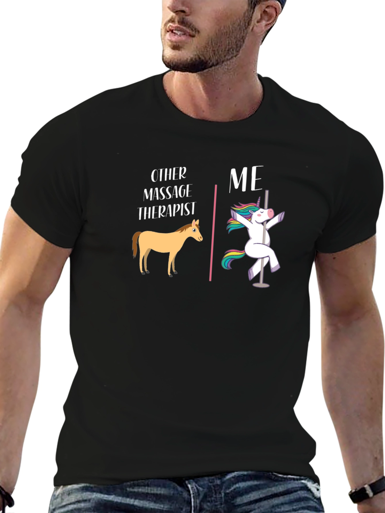 Black Funny Massage Therapist T-Shirt - Horse & Unicorn view 6