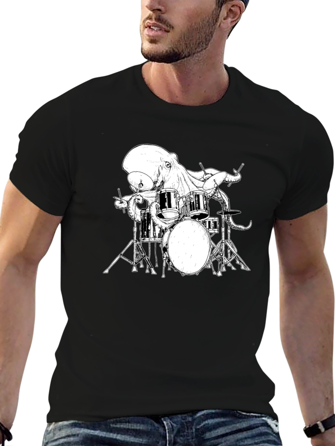 Black Octopus Drummer Graphic T-Shirt view 6