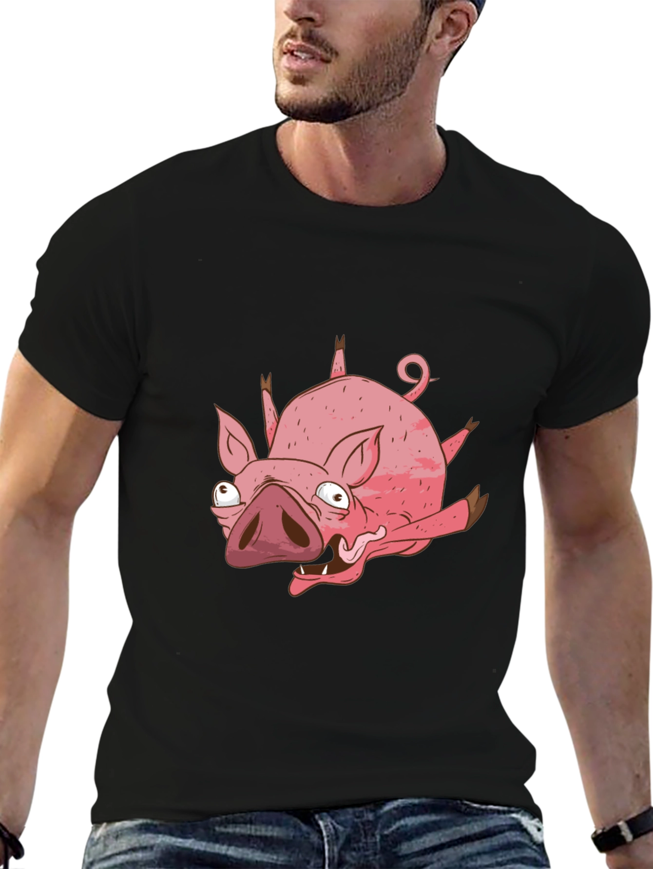 Black Funny Cartoon Pig Black T-Shirt view 6