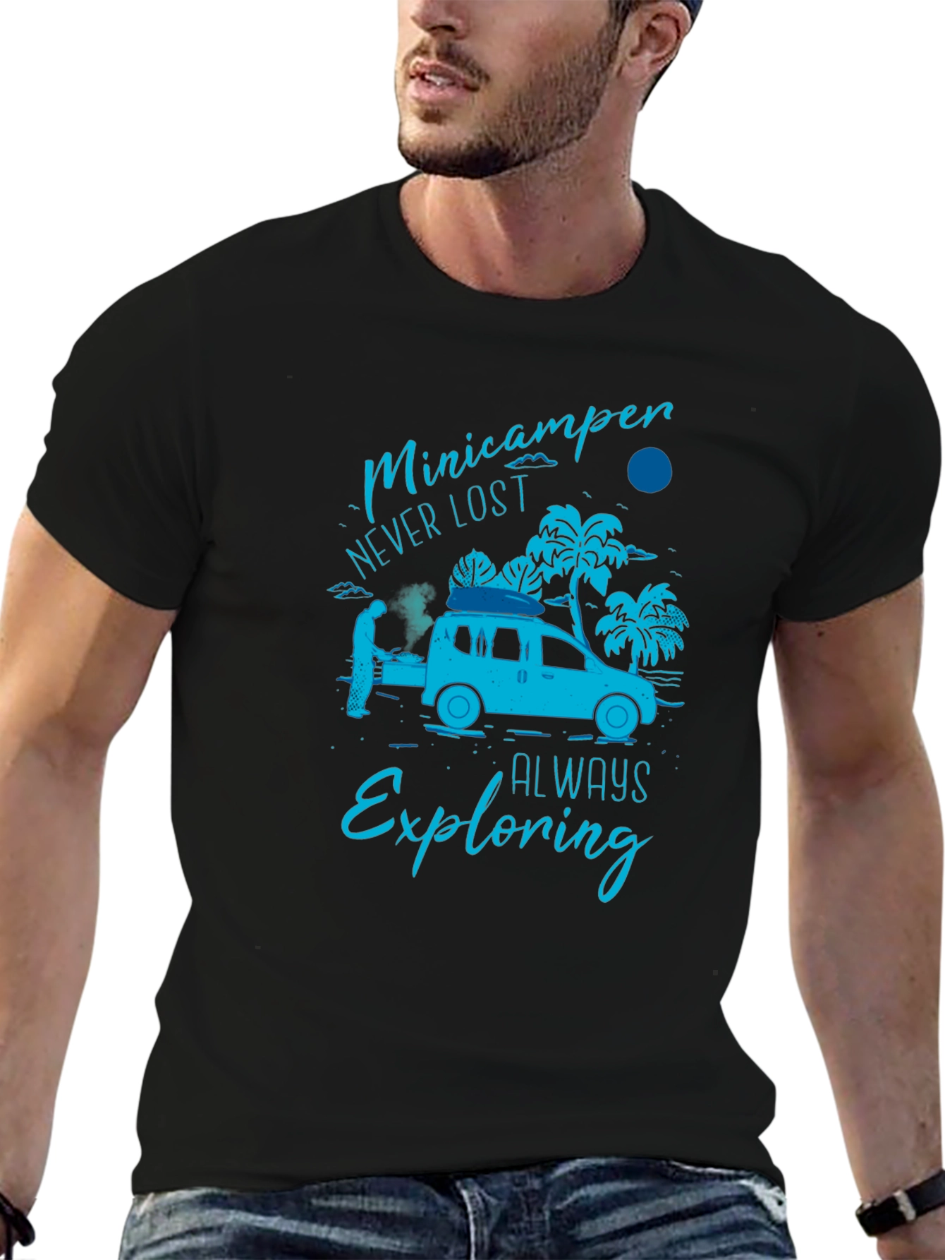 Black Minicamper Adventure T-Shirt: Never Lost, Always Exploring view 6