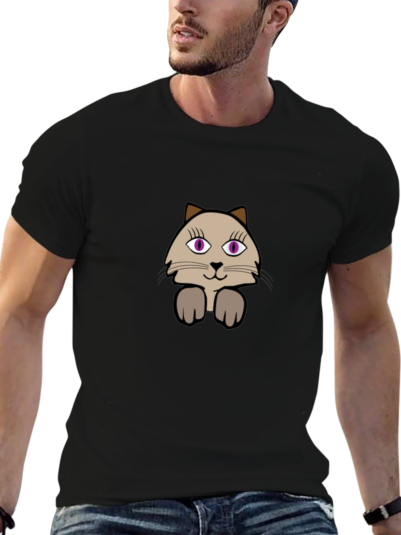 Black Cute Cartoon Cat Graphic Tee - Casual Black T-Shirt view 6