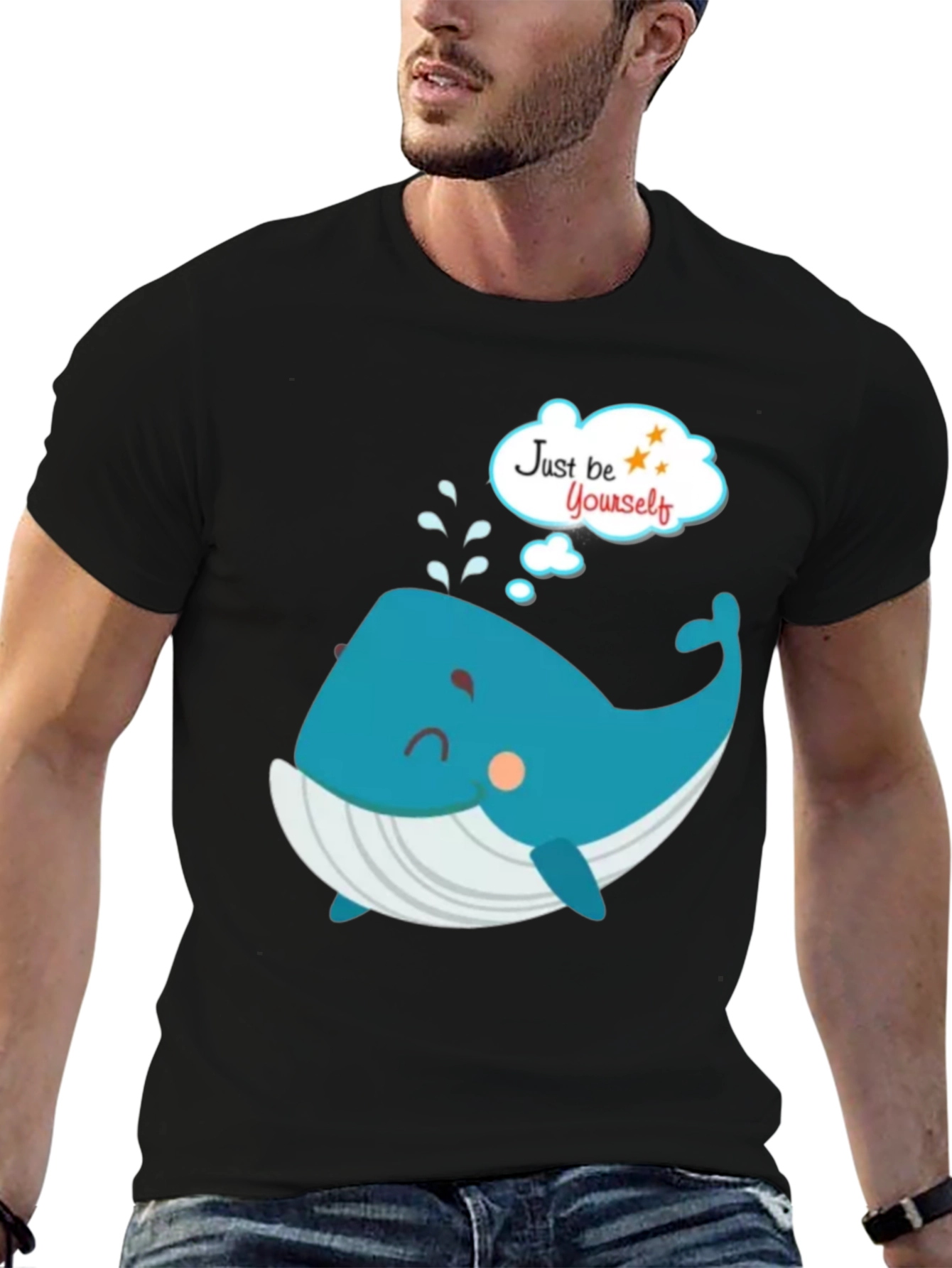 Black Cartoon Whale 'Just Be Yourself' Black Graphic T-Shirt view 6