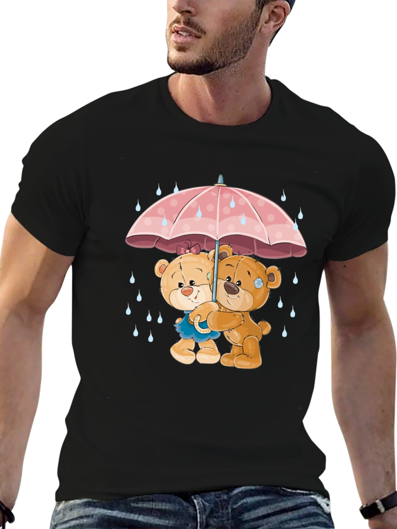 Black Cute Teddy Bears Under Umbrella Graphic T-Shirt view 6