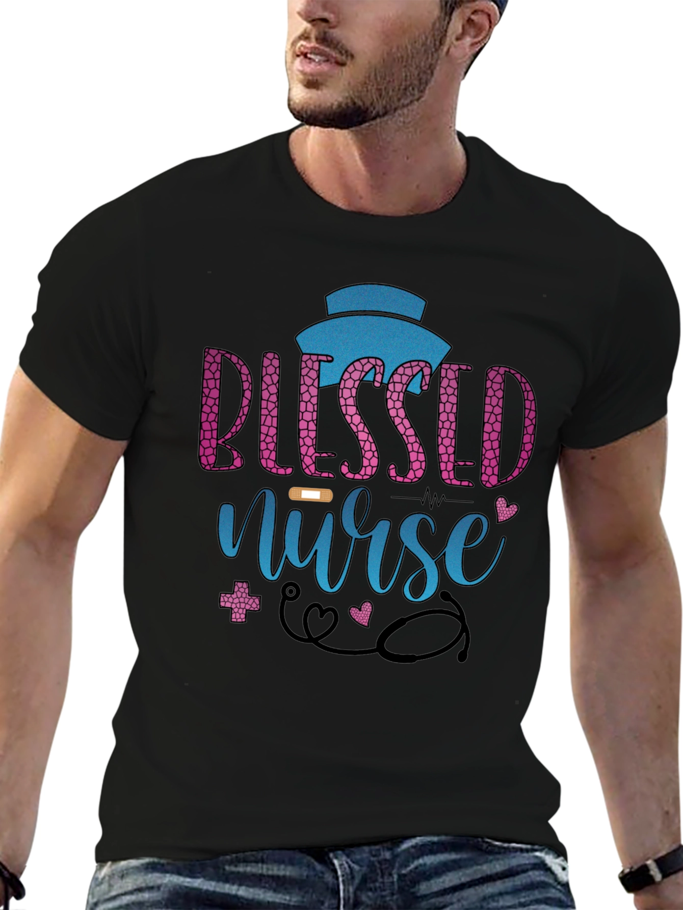 Black Blessed Nurse Graphic Tee - Black Cotton Blend view 6