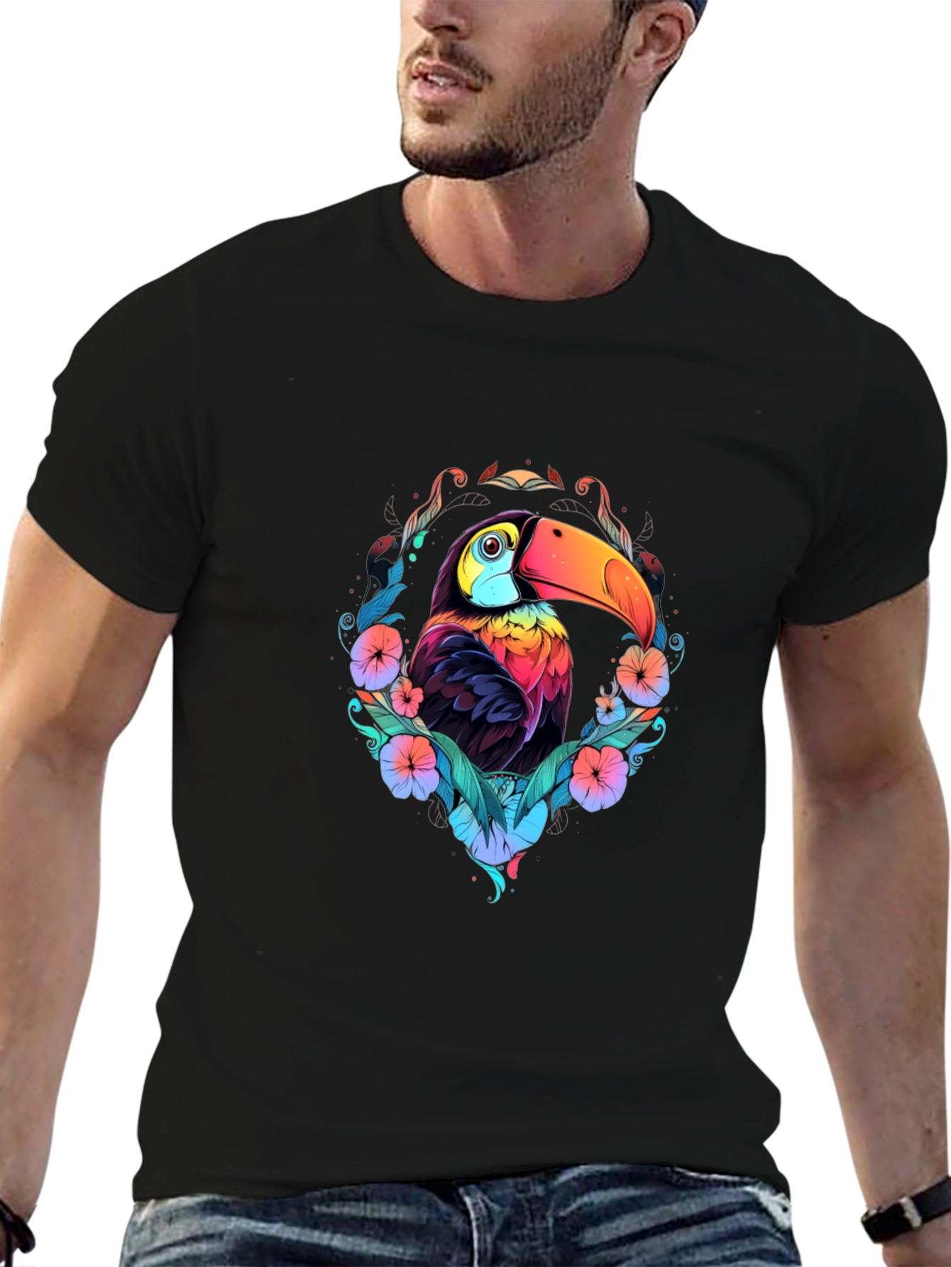 Black Vibrant Toucan Graphic Black T-Shirt view 6