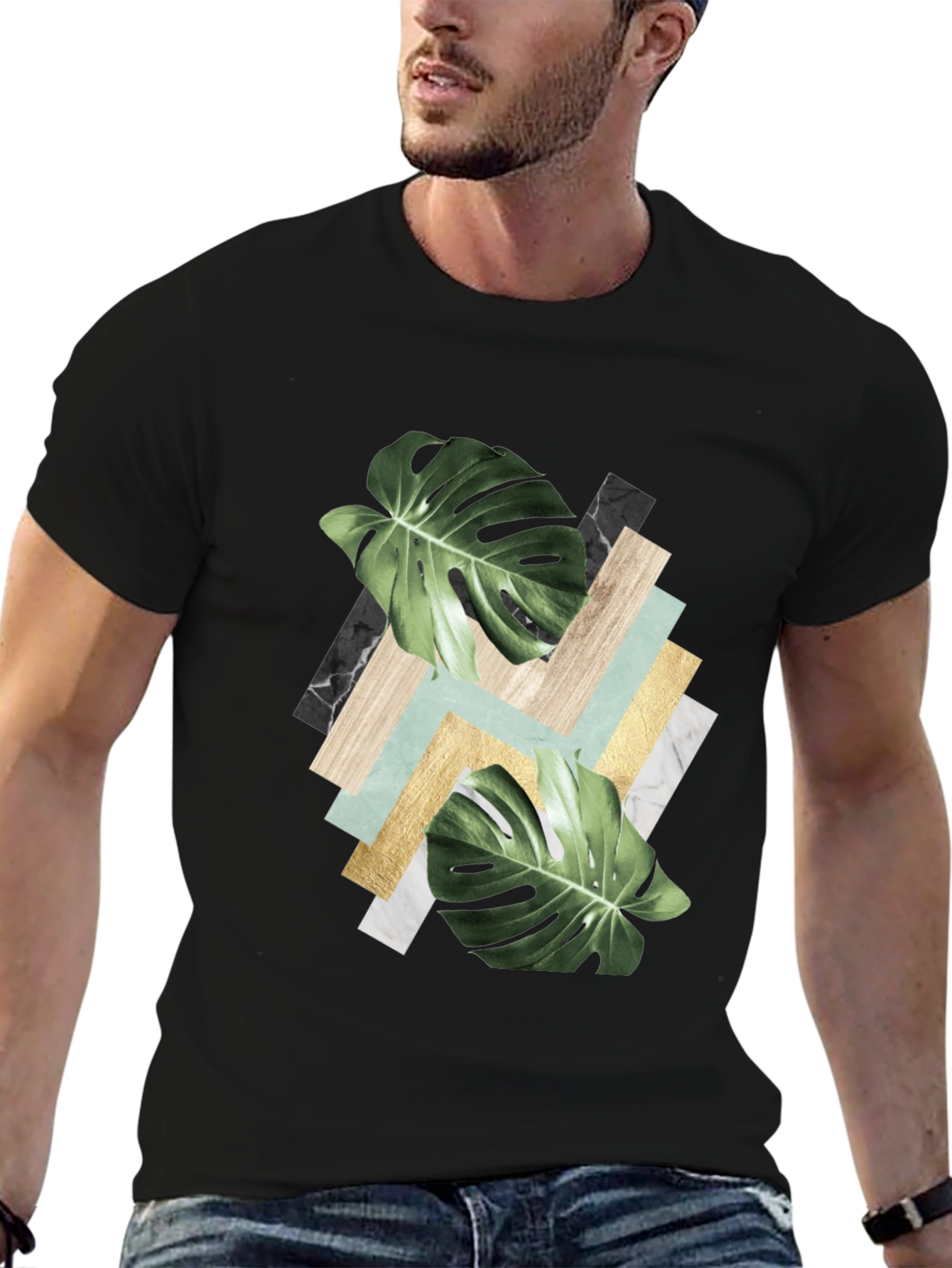 Black Tropical Leaf Geometric Print T-Shirt view 6