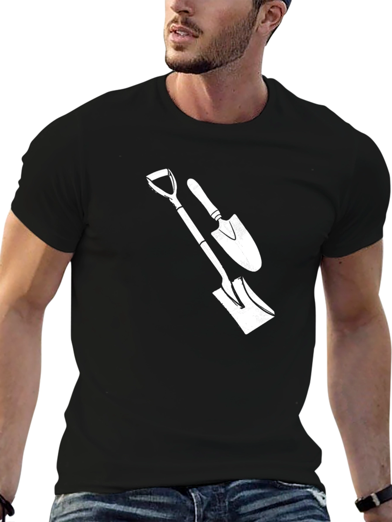 Black Novelty T-Shirt with Gardening Shovel and Trowel Design view 6