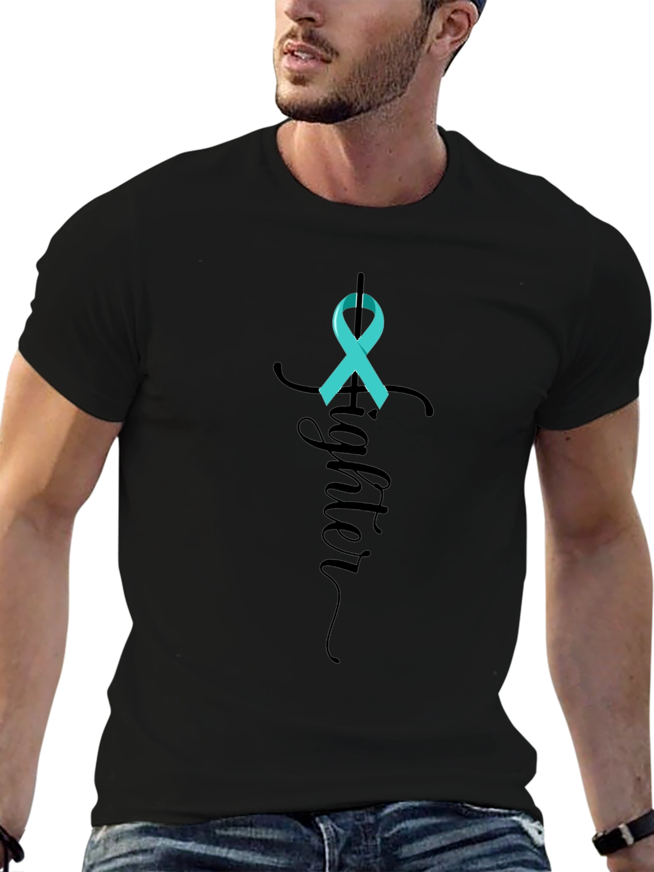 Black Teal Ribbon Fighter Tee view 6
