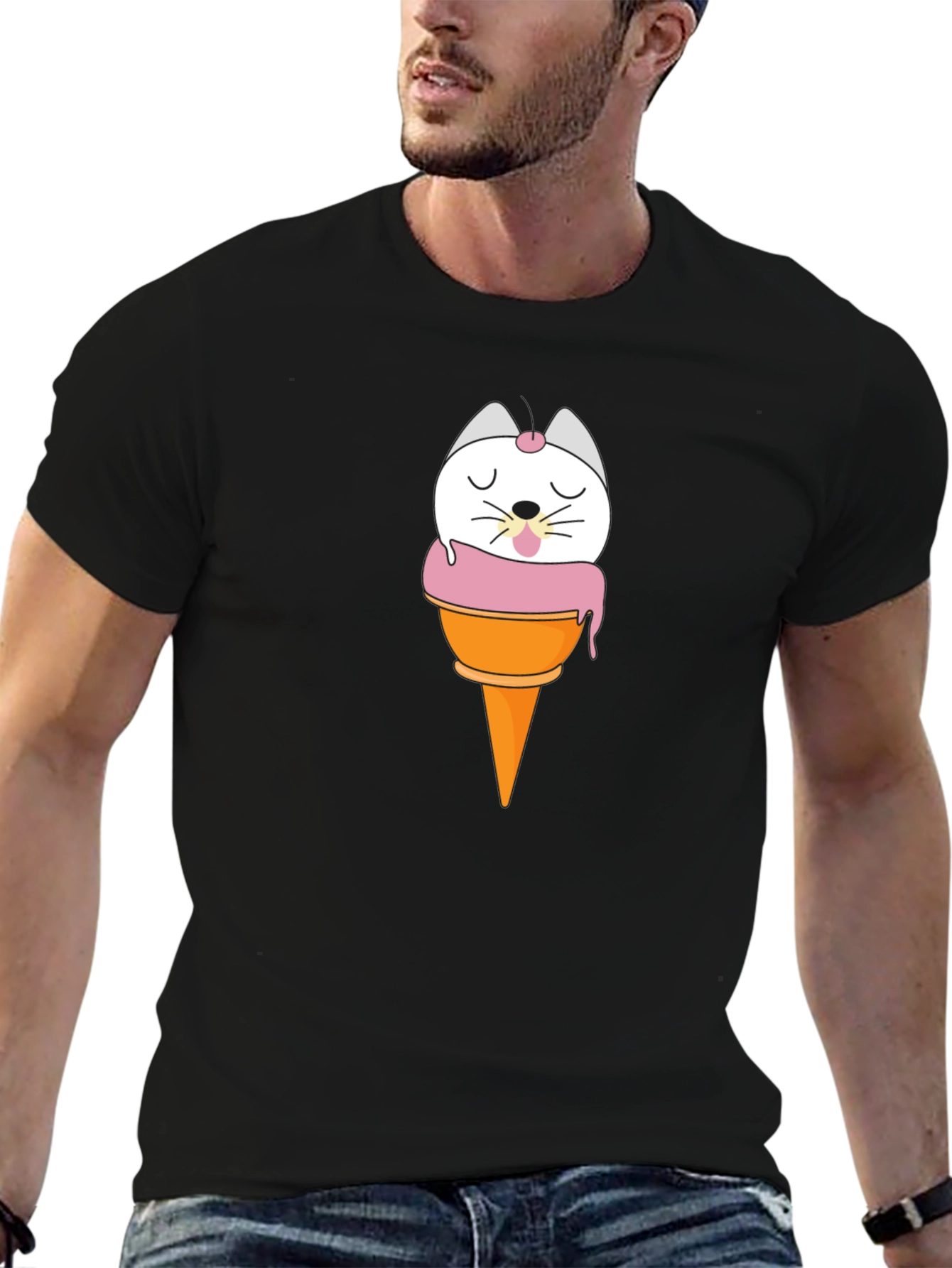 Black Cute Cat Ice Cream T-Shirt - Black view 6