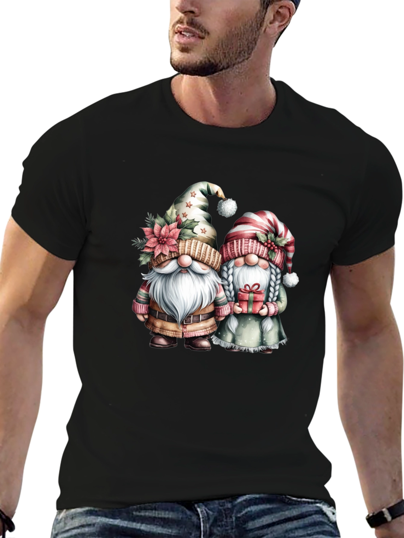 Black Festive Gnome Couple T-Shirt view 6