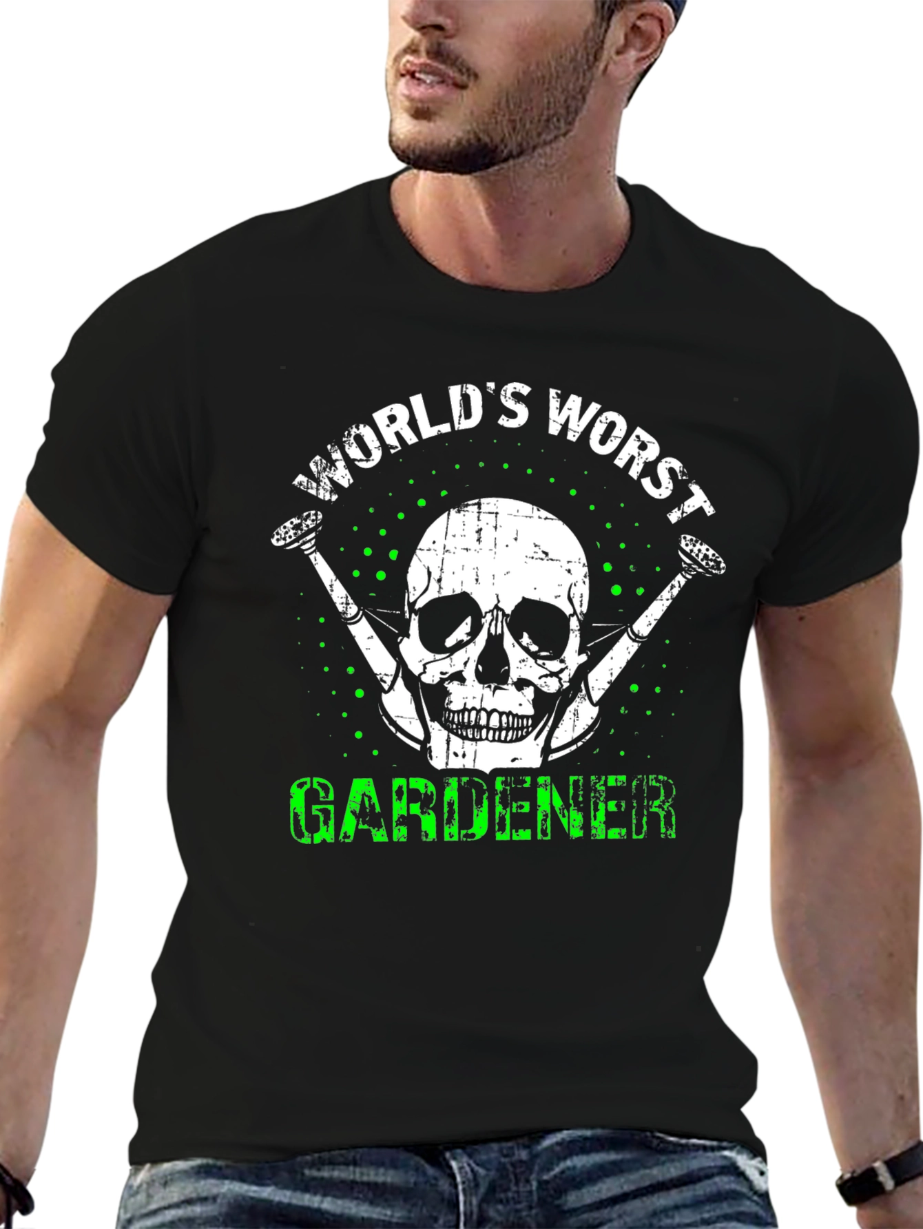Black World's Worst Gardener T-Shirt - Skull & Watering Can Design view 6