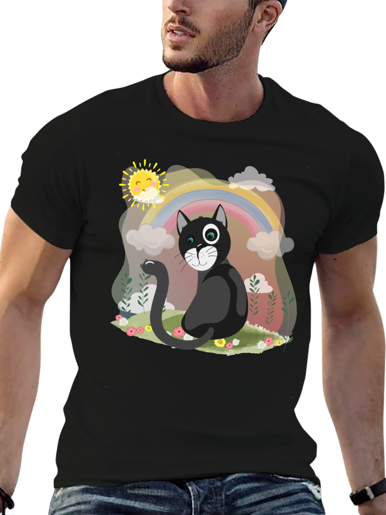 Black Whimsical Cat Rainbow T-Shirt view 6