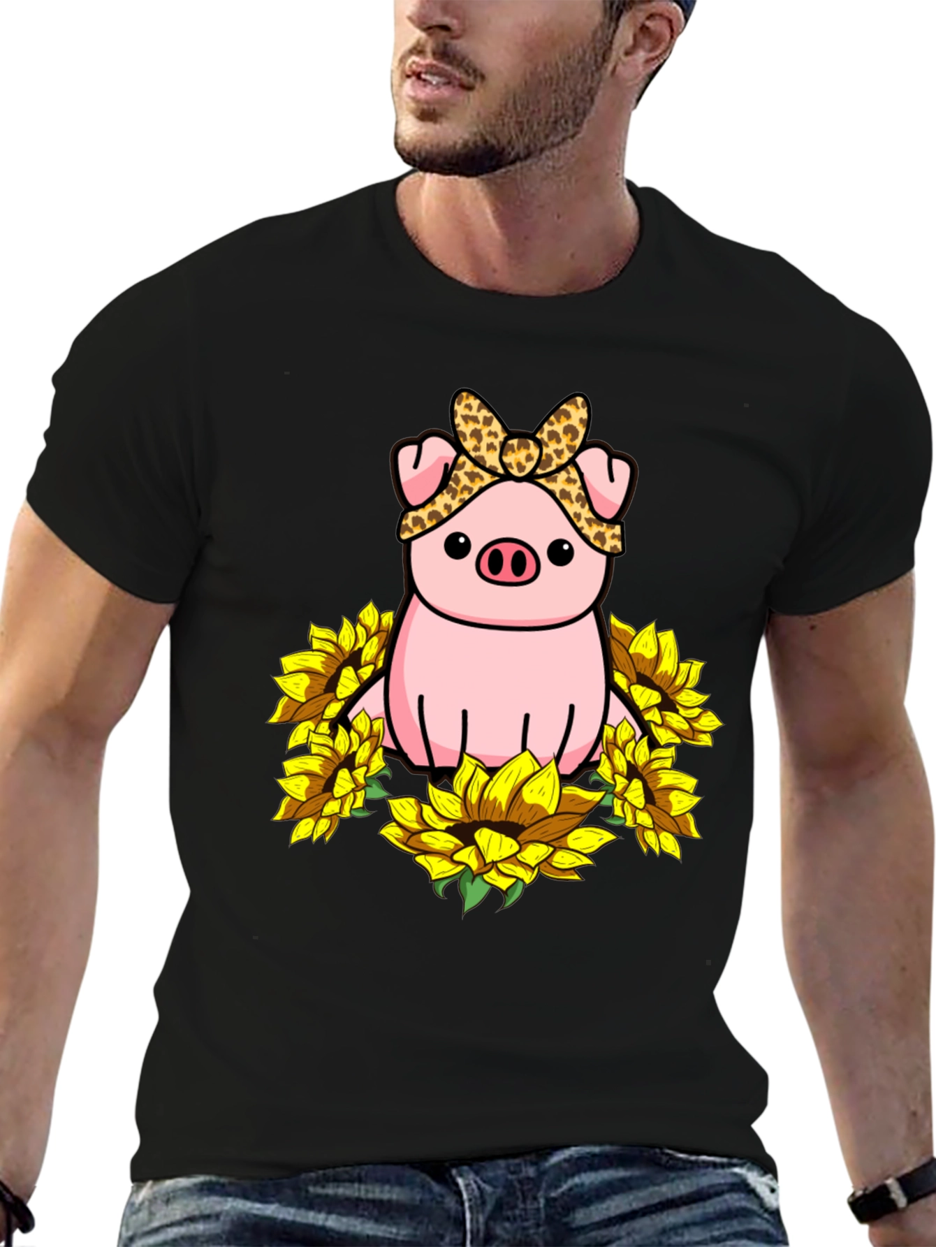 Black Cute Pig Sunflower Graphic T-Shirt view 6