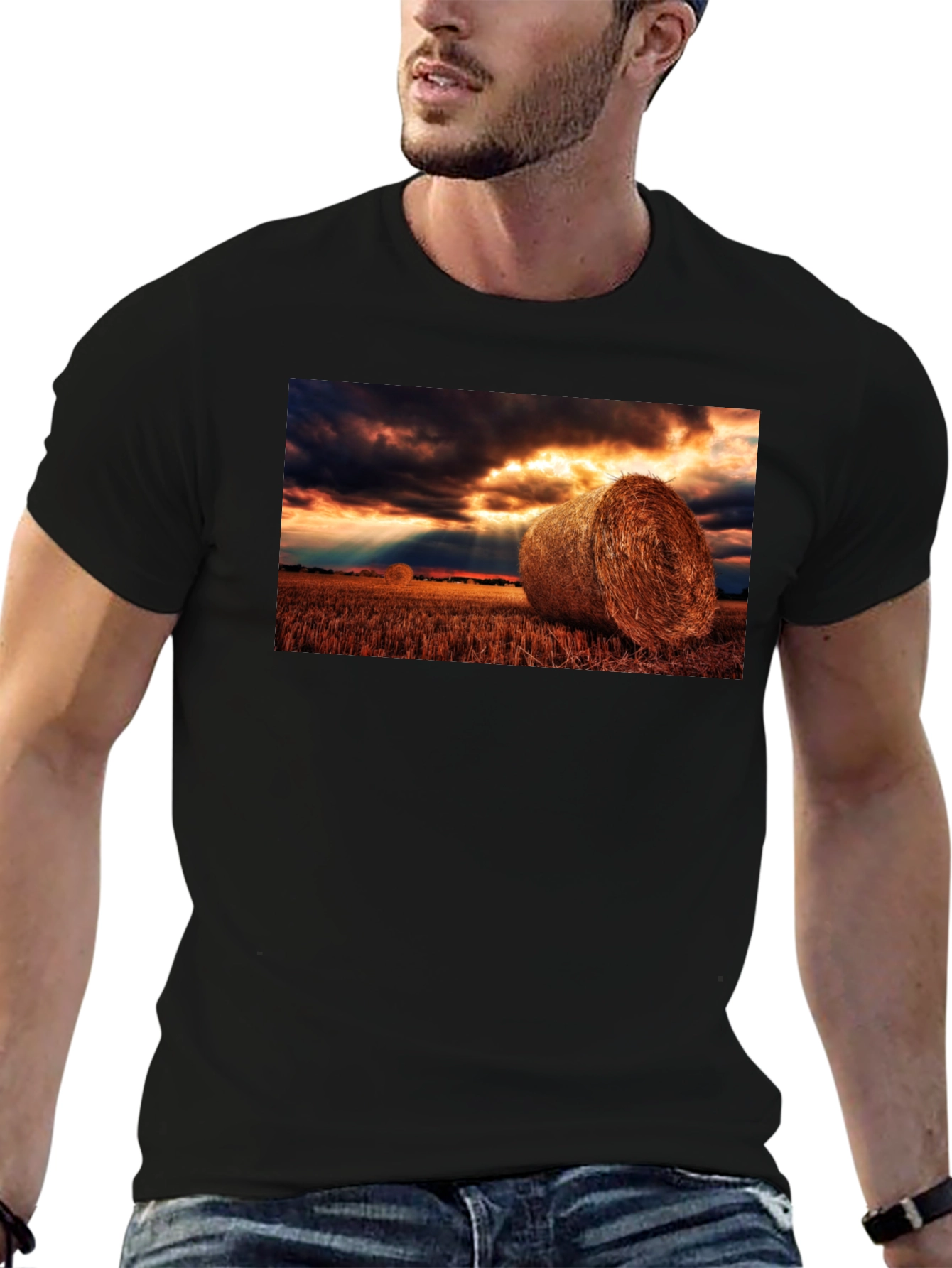 Black Harvest Hay Bales Graphic Tee - Unisex Black T-Shirt view 6