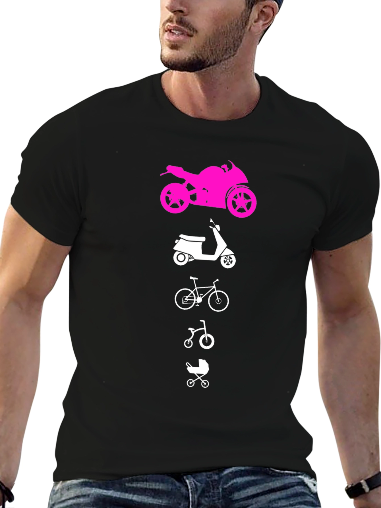Black Evolution of Man Tee: Motorcycle, Scooter, Bike, Baby Carriage view 6