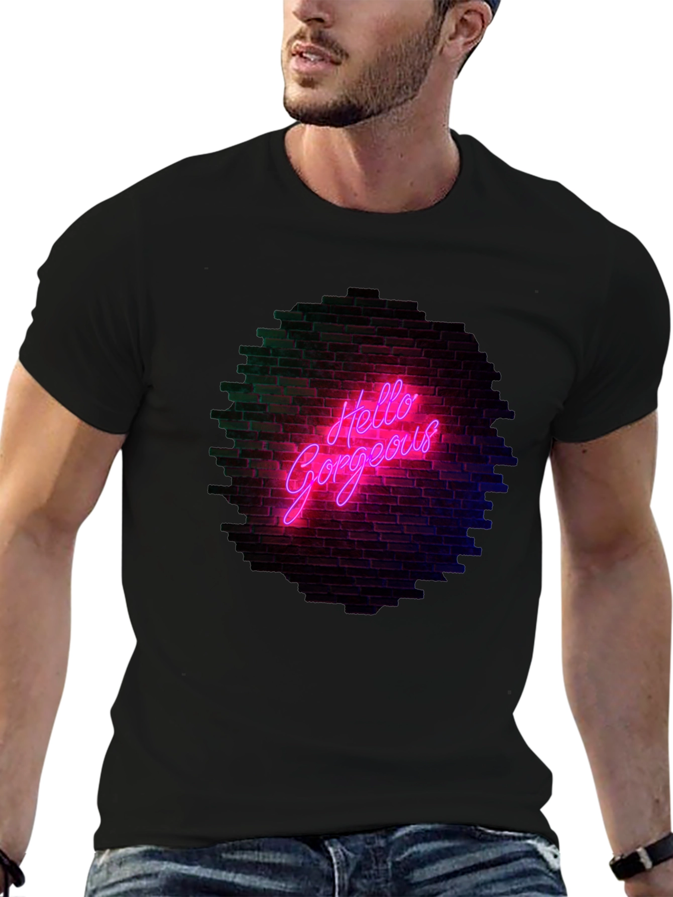 Black Hello Gorgeous Graphic Tee - Neon Brick Wall Design view 6