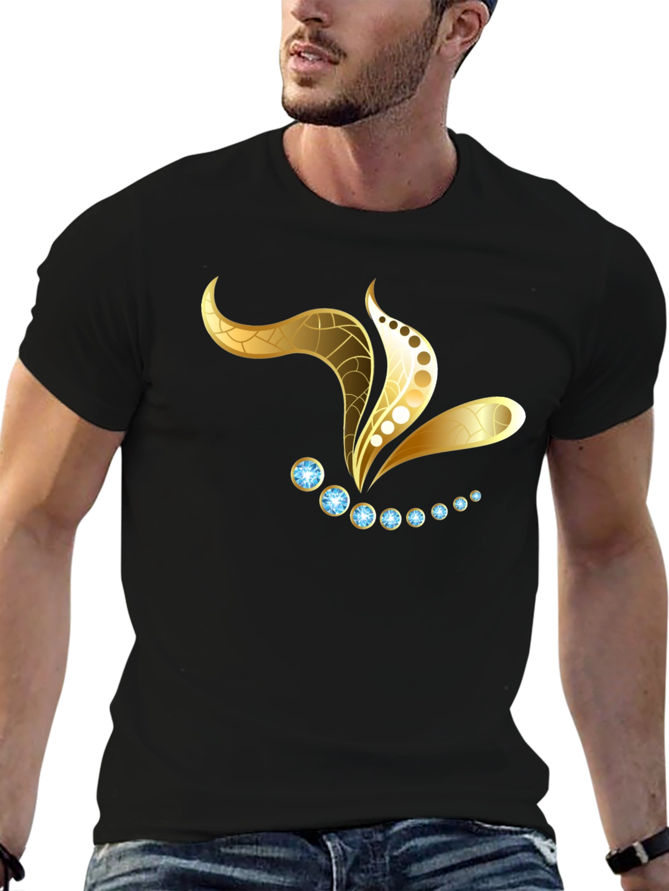 Black T-Shirt with Gold Jewel Design - 6