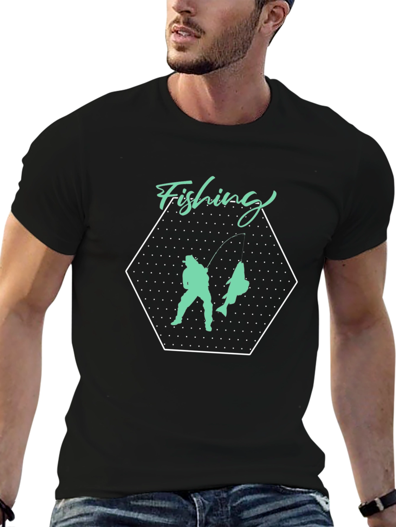 Black Fishing T-Shirt, Graphic Tee, Black Crew Neck Shirt view 6