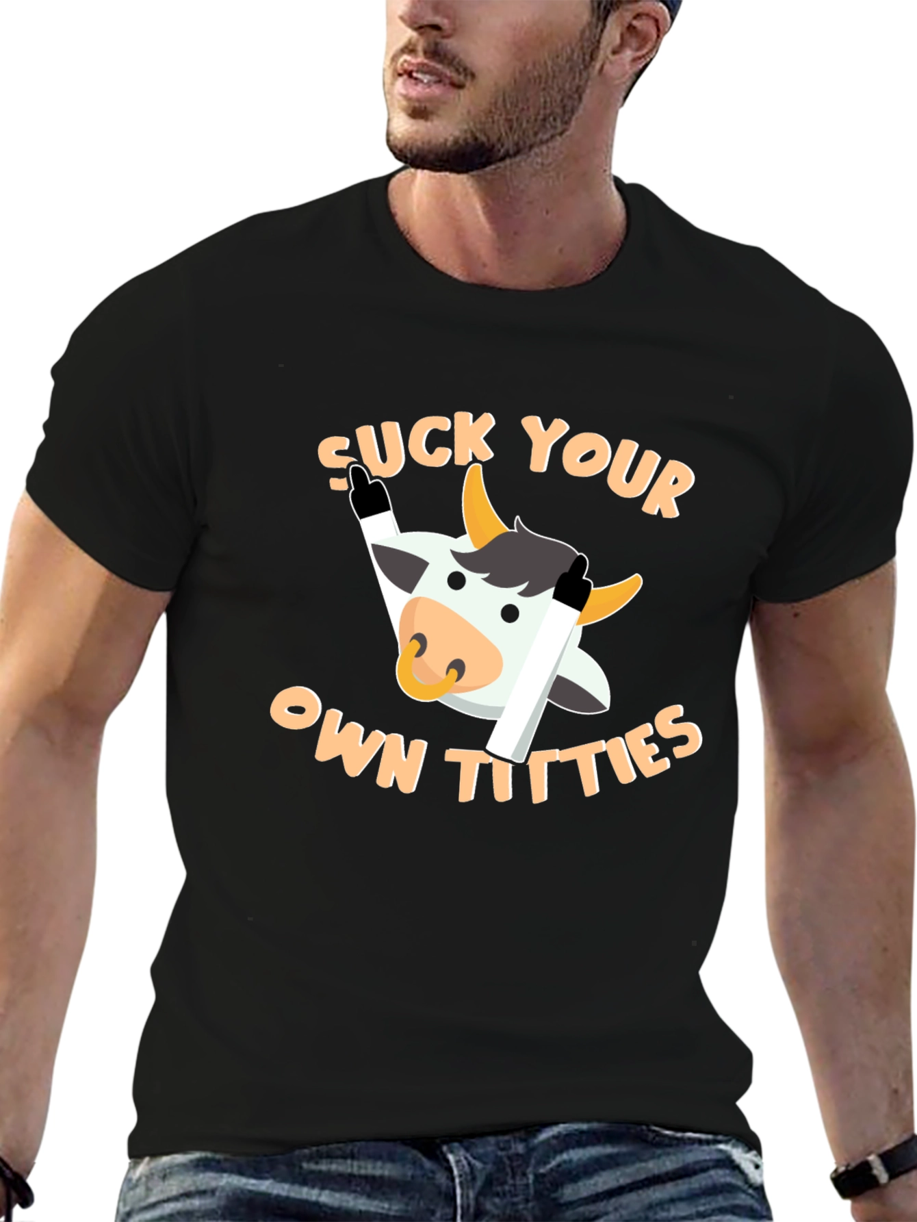 Black Funny Cow Graphic T-Shirt - "Suck Your Own Titties" view 6