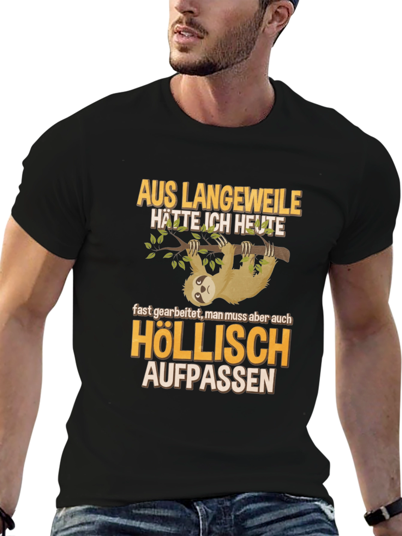 Black Sloth Humor Graphic T-Shirt - 'Höllisch Aufpassen' view 6