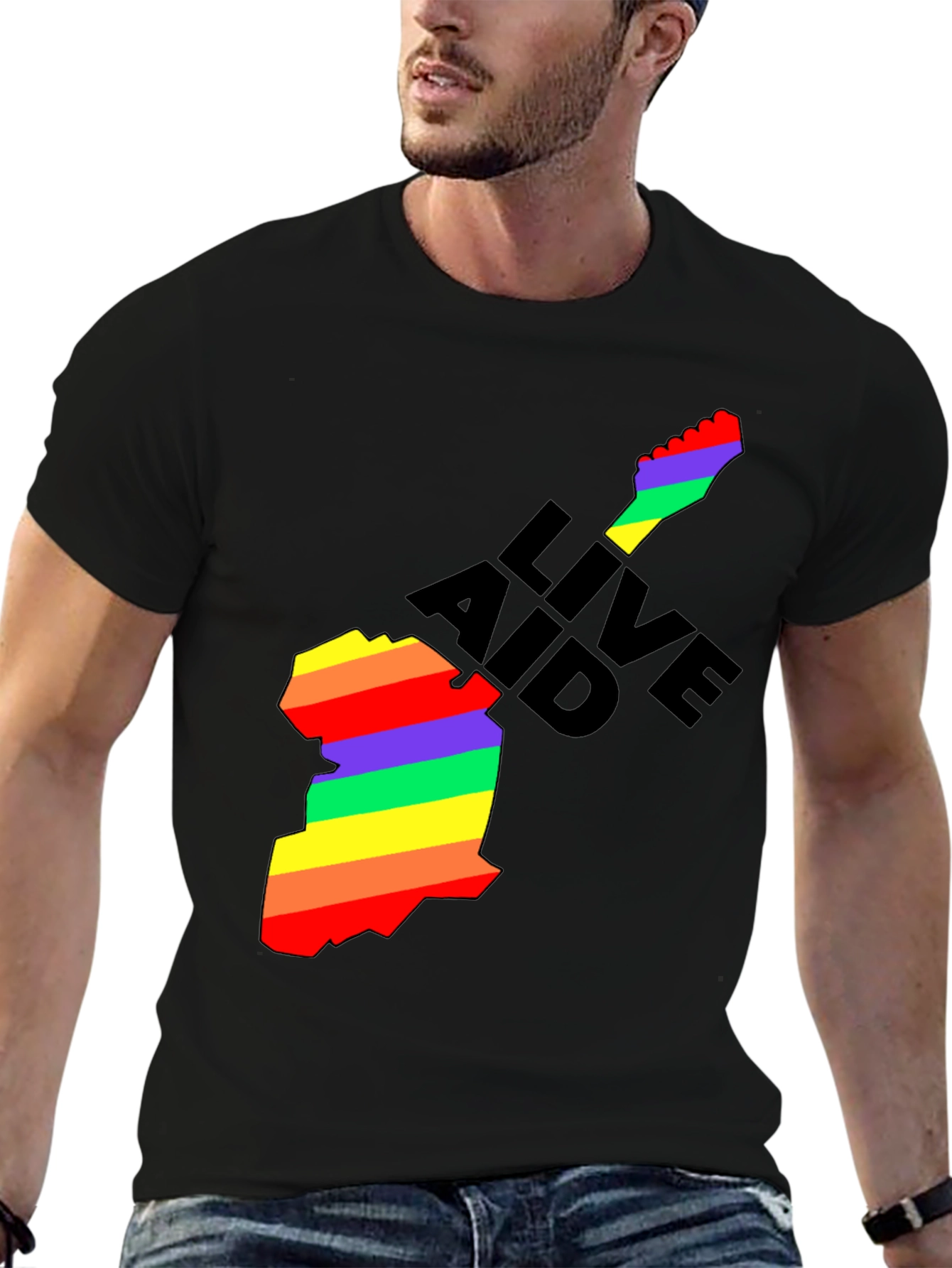 Black Live Aid Rainbow Guitar Graphic T-Shirt view 6