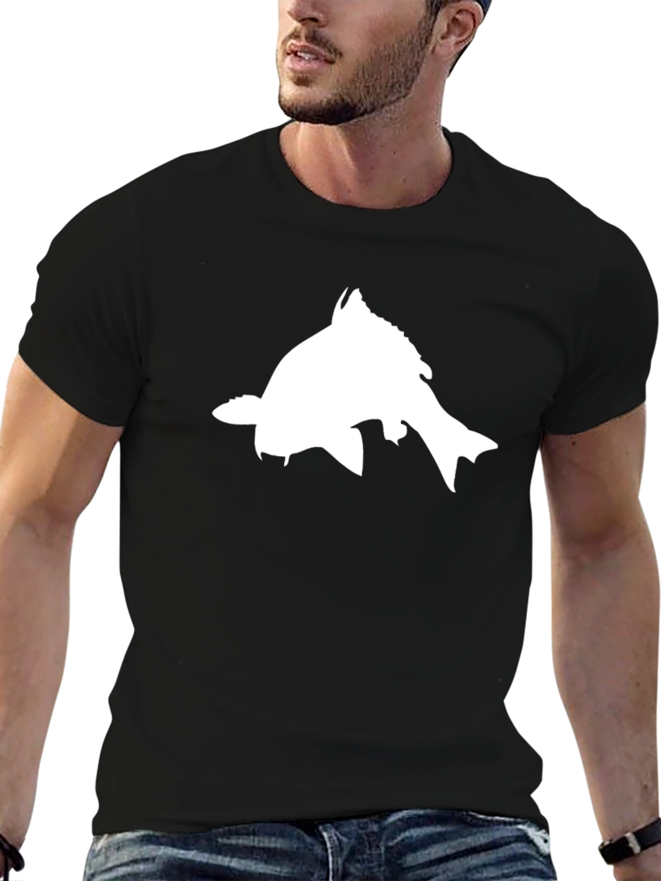 Black Men's Black T-Shirt with White Fish Graphic view 6