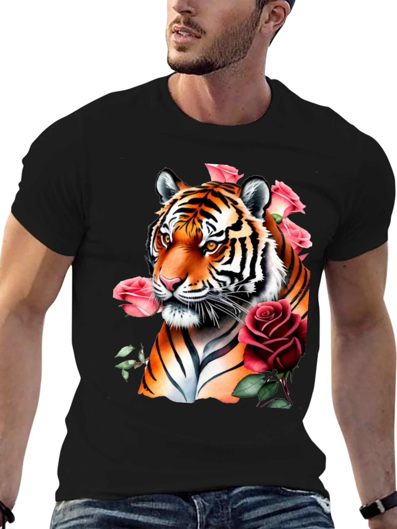 Black Tiger & Roses Graphic Print Black T-Shirt view 6