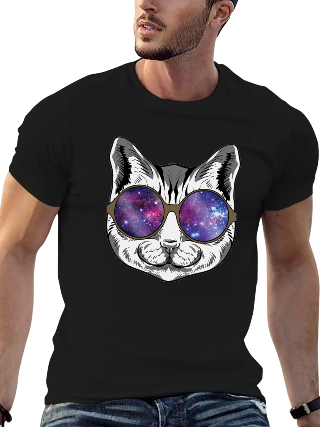 Black Cool Cat Galaxy Sunglasses Black T-Shirt view 6