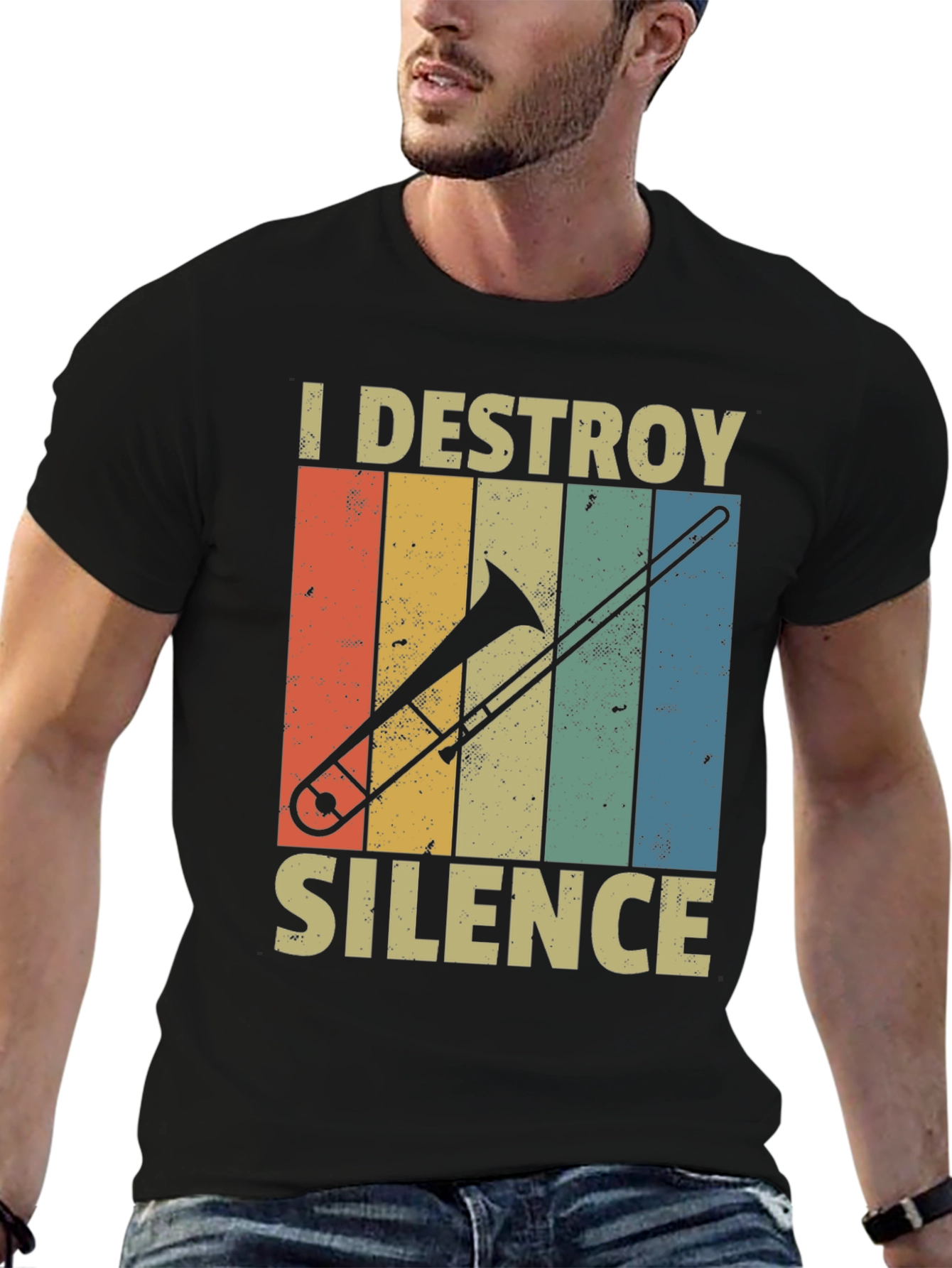 Black I Destroy Silence Trombone Player T-Shirt view 6