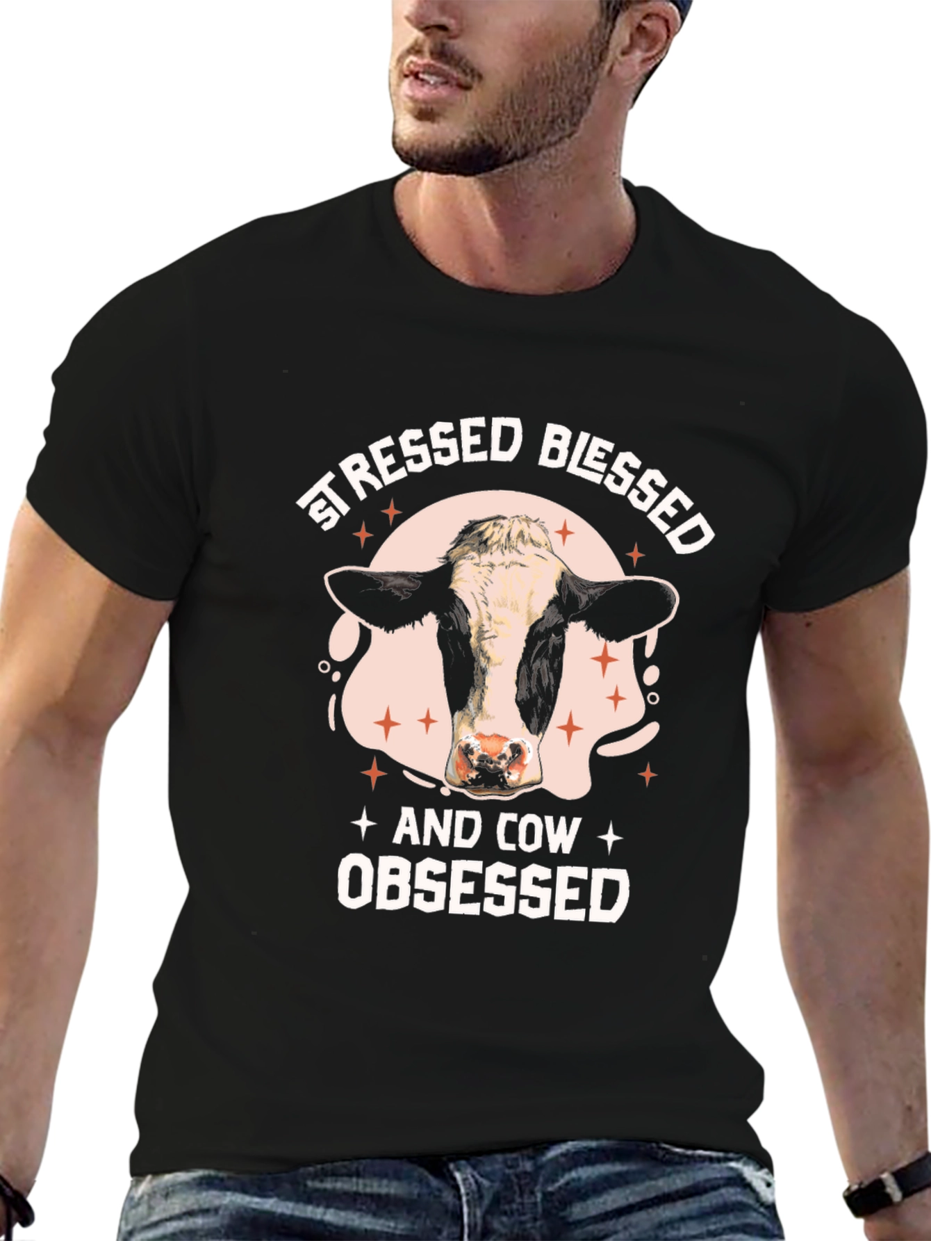Black Stressed Blessed and Cow Obsessed T-Shirt view 6