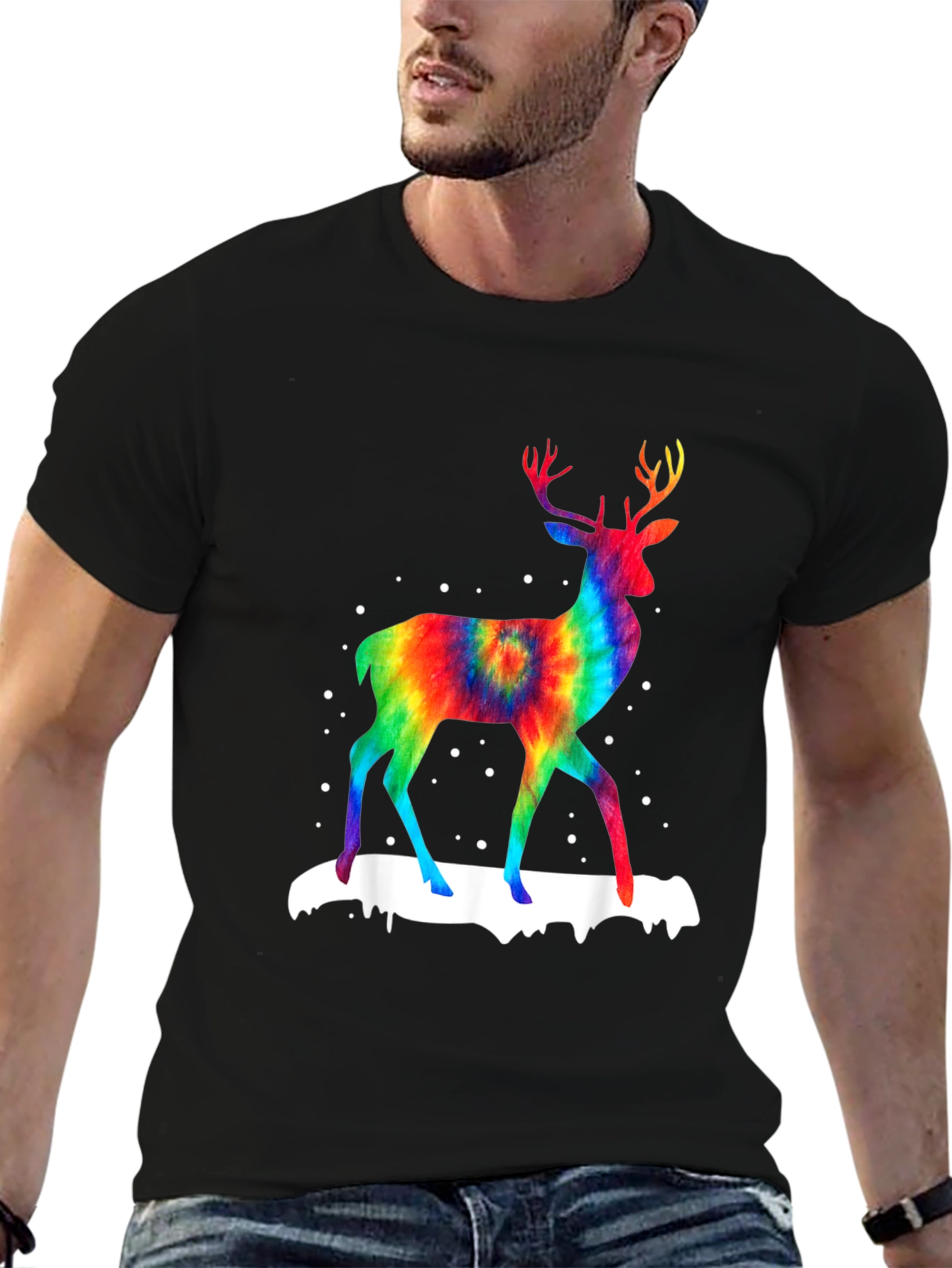 Black Rainbow Tie-Dye Deer Graphic T-Shirt view 6